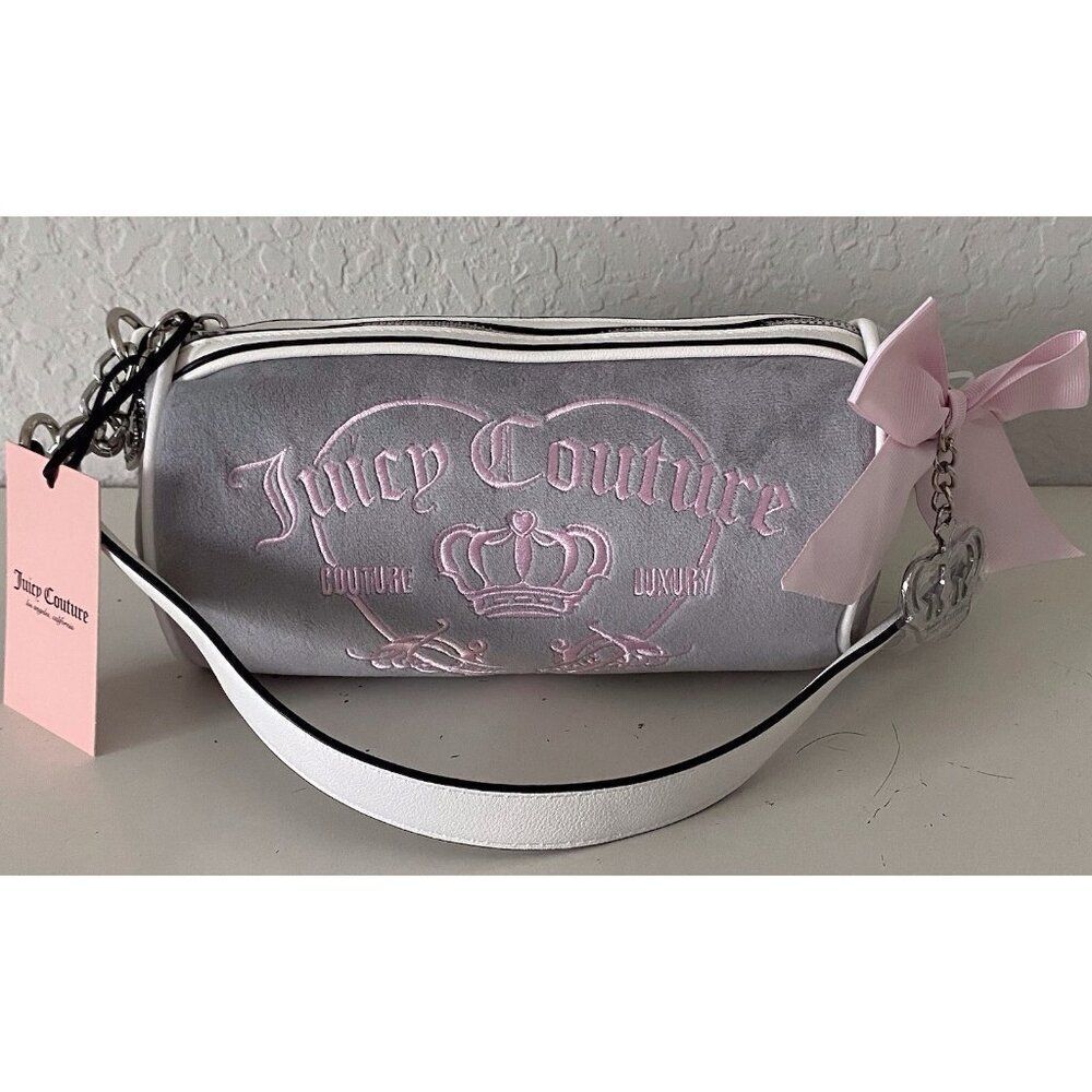 Juicy Couture Girlie Royalty Barrel Bag Dove Grey With Crown Charm And Bow NEW